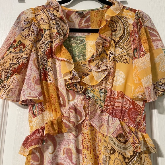 Patchwork Print Butterfly Sleeve Ruffle Trim Asymmetrical Hem Dress - Picture 5 of 6